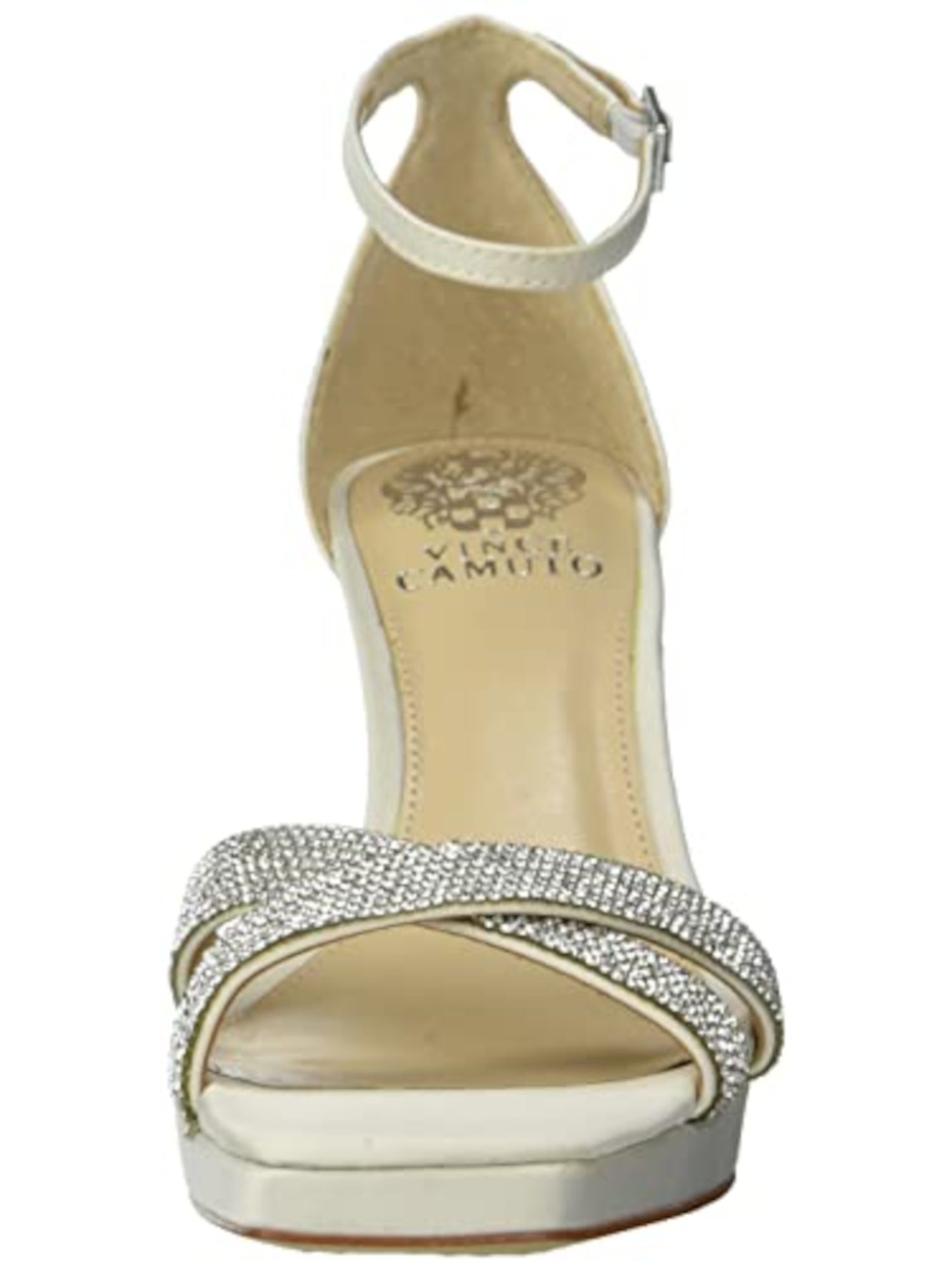 VINCE CAMUTO Womens White Crossover Crystal Ankle Strap Embellished Kalvira Square Toe Stiletto Buckle Dress Heeled Sandal 7 M