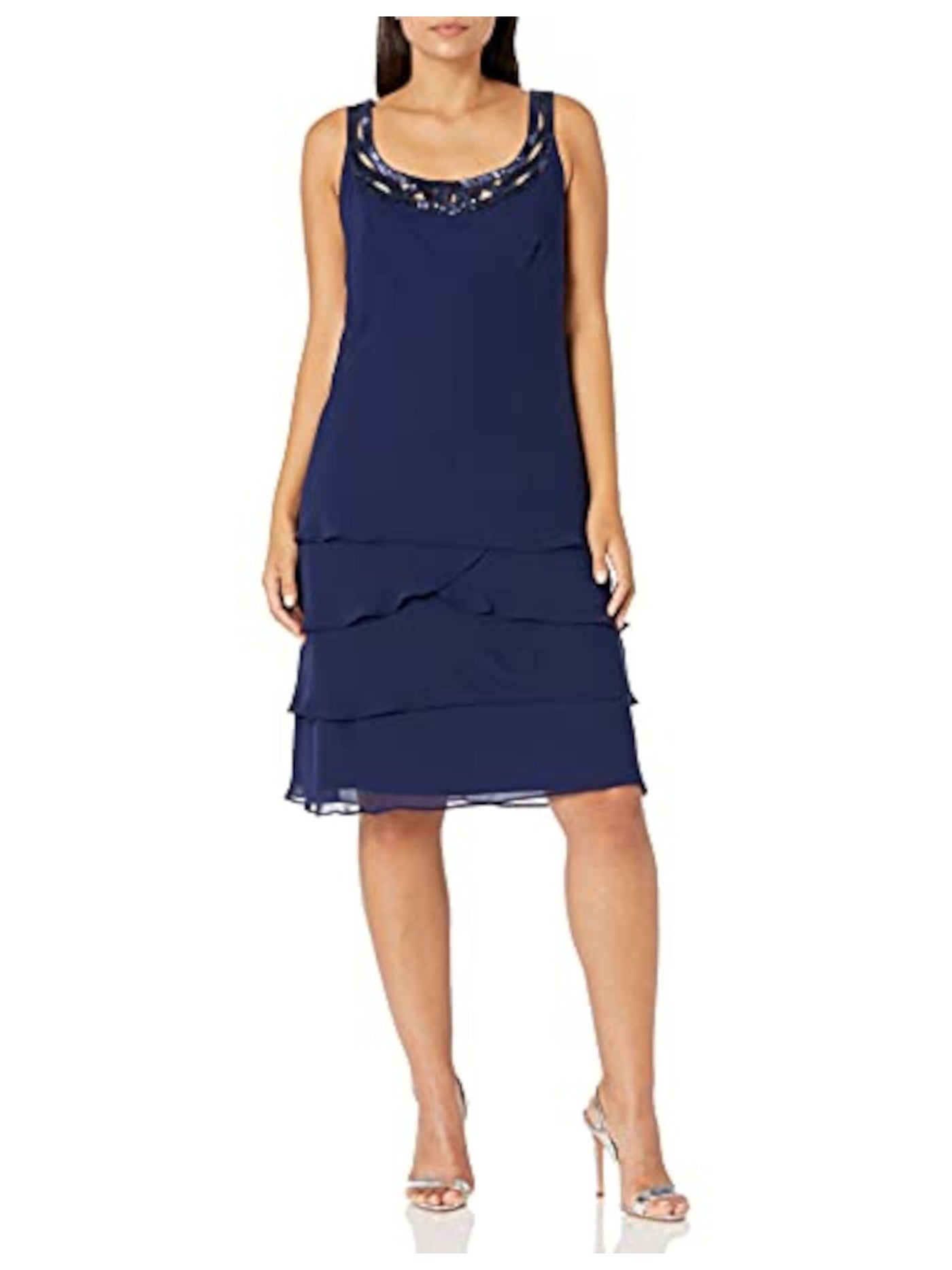 SLNY Womens Navy Sequined Teired With Jacket Sleeveless Scoop Neck Below The Knee Formal Sheath Dress 8