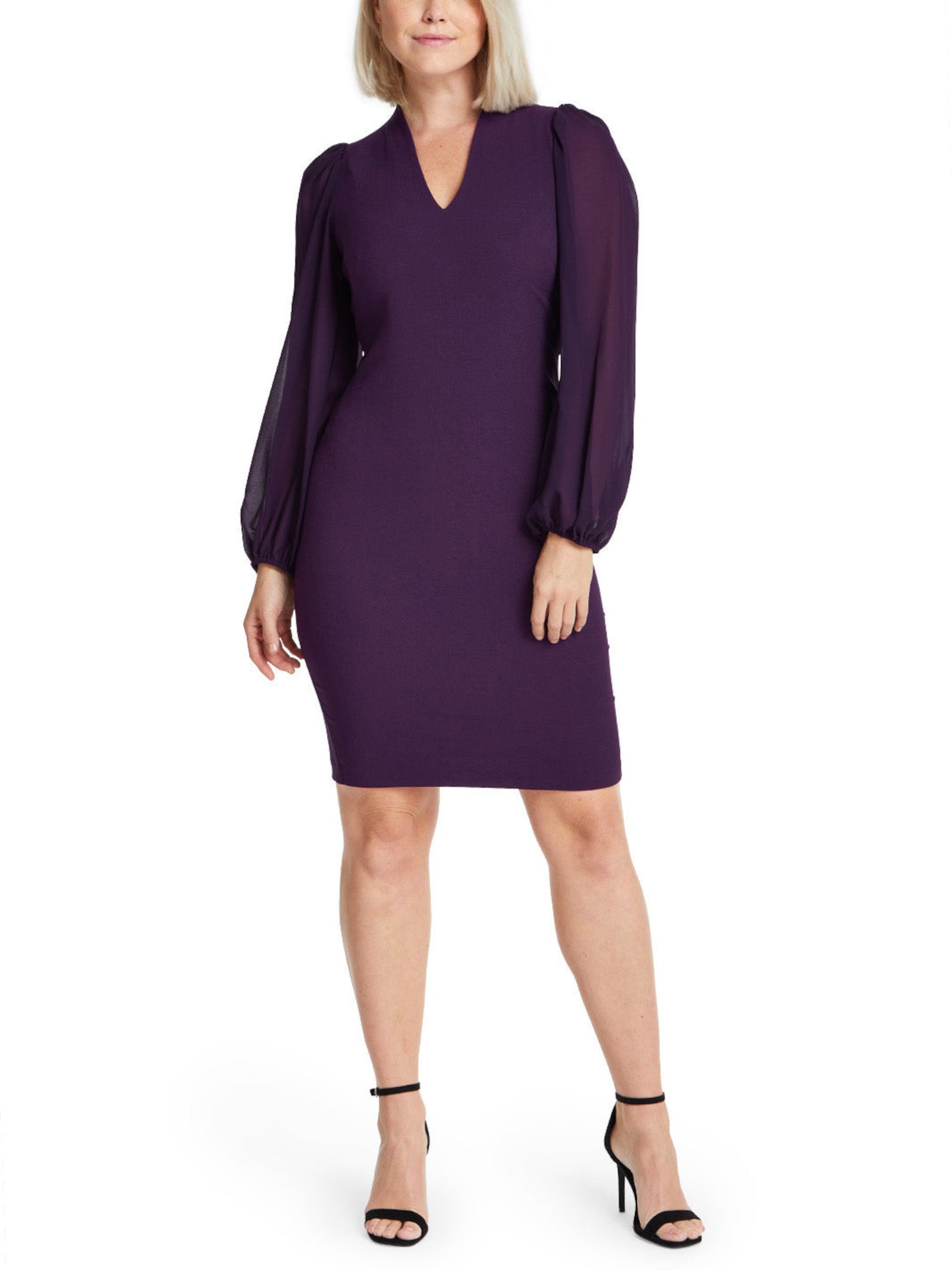 VINCE CAMUTO Womens Purple Stretch Zippered Gathered Chiffon Sleeves And Back Bodice Long Sleeve V Neck Knee Length Wear To Work Sheath Dress 6