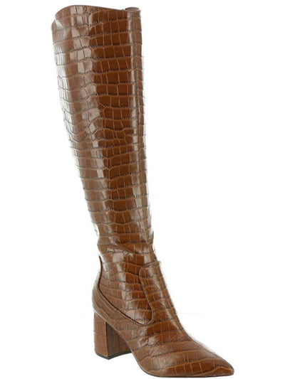 MARC FISHER Womens Brown Croc Padded Retie Pointed Toe Block Heel Zip-Up Leather Heeled Boots 5.5 M