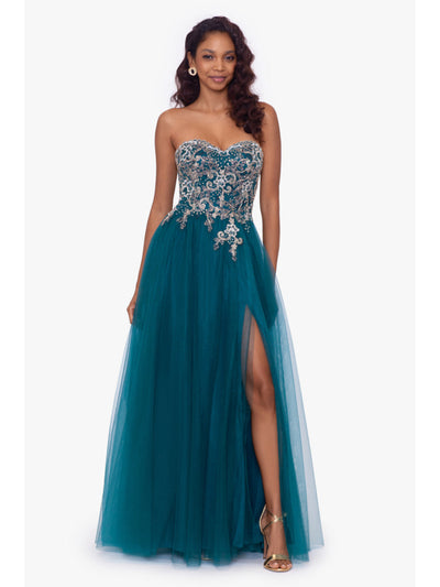 BLONDIE NITES Womens Teal Embellished Zippered Slitted Sleeveless Sweetheart Neckline Full-Length Prom Gown Dress 7