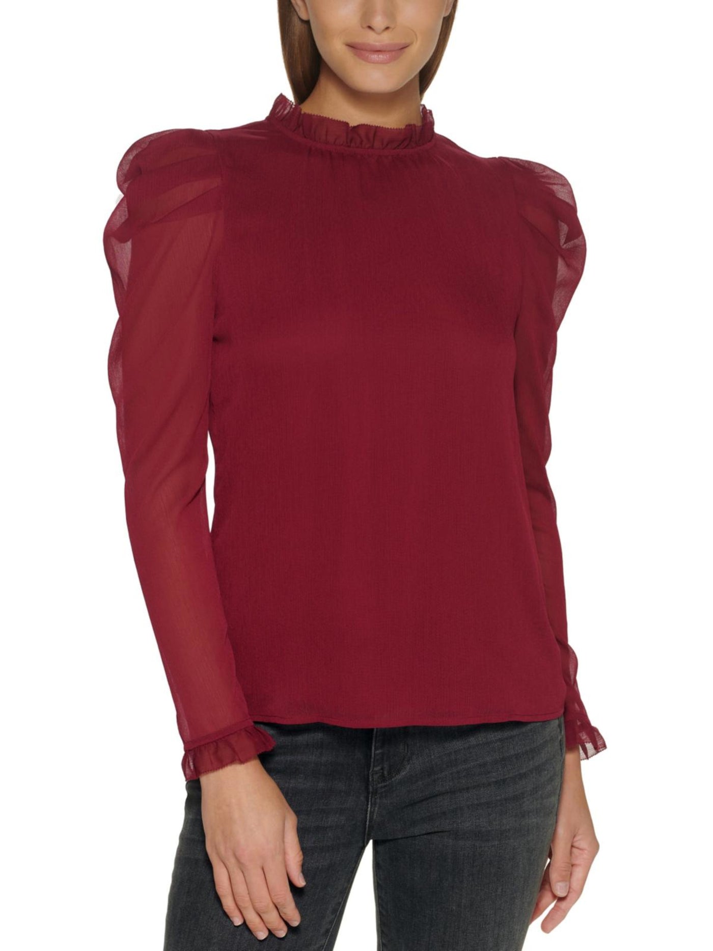 DKNY Womens Burgundy Ruffled Sheer Lined Pleated Long Sleeve Mock Neck Wear To Work Blouse S