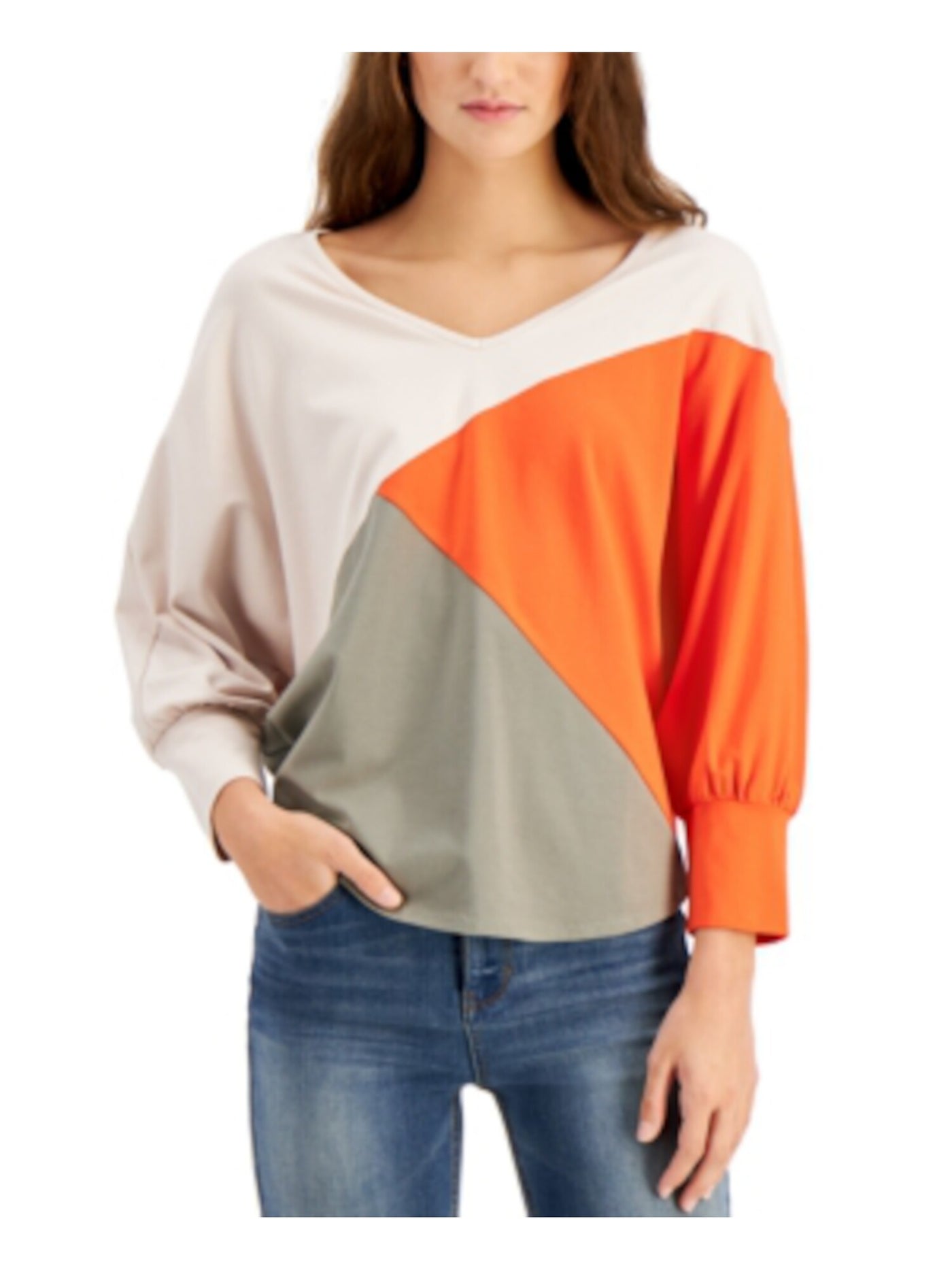 WILLOW DRIVE Womens Beige Color Block Dolman Sleeve V Neck Top M