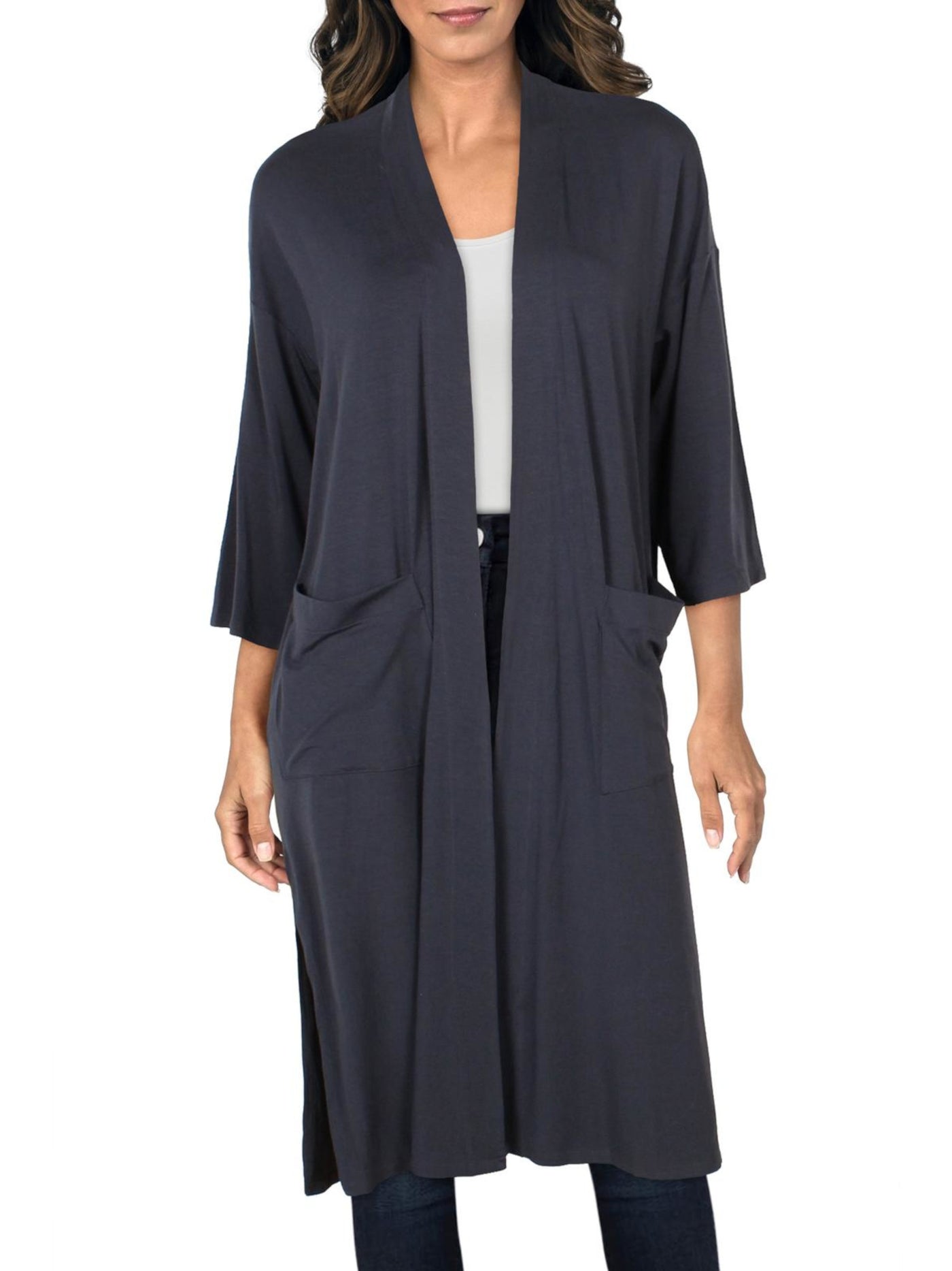 EILEEN FISHER Womens Navy Pocketed Side Slits Duster Elbow Sleeve Open Front Sweater XXS