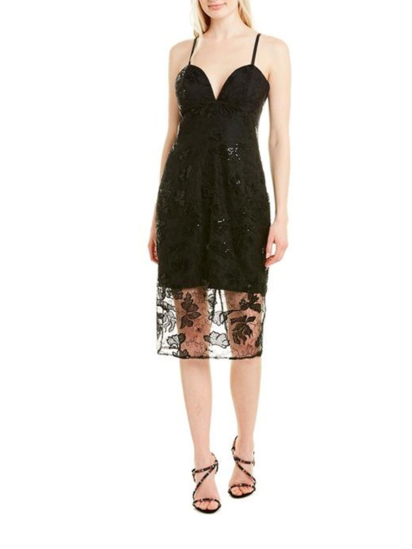 DRESS THE POPULATION Womens Black Lace Floral Spaghetti Strap V Neck Below The Knee Evening Sheath Dress S