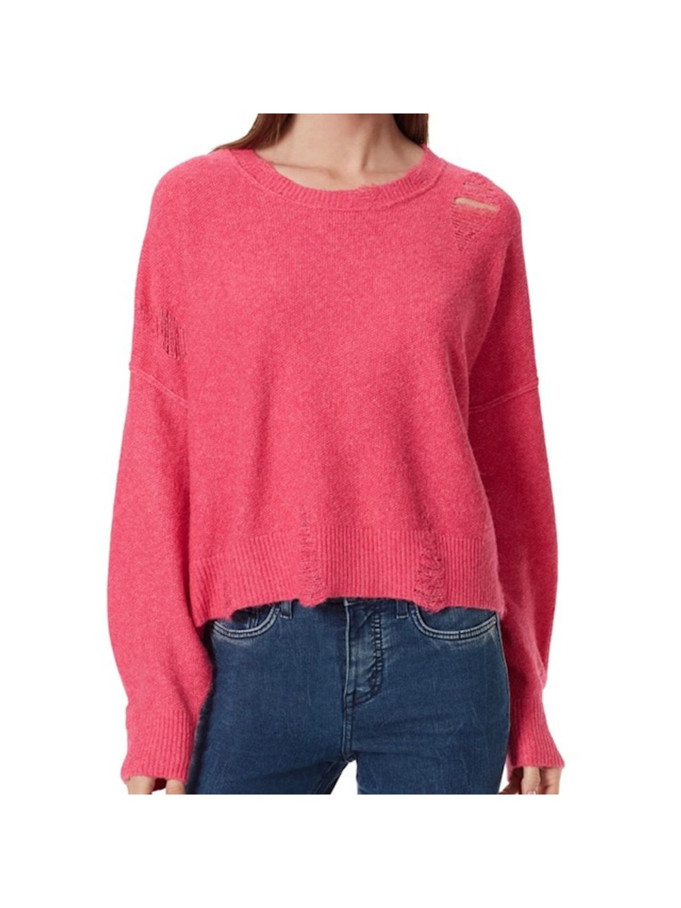 FRAYED JEANS Womens Pink Ribbed Distressed Heather Long Sleeve Round Neck Sweater L