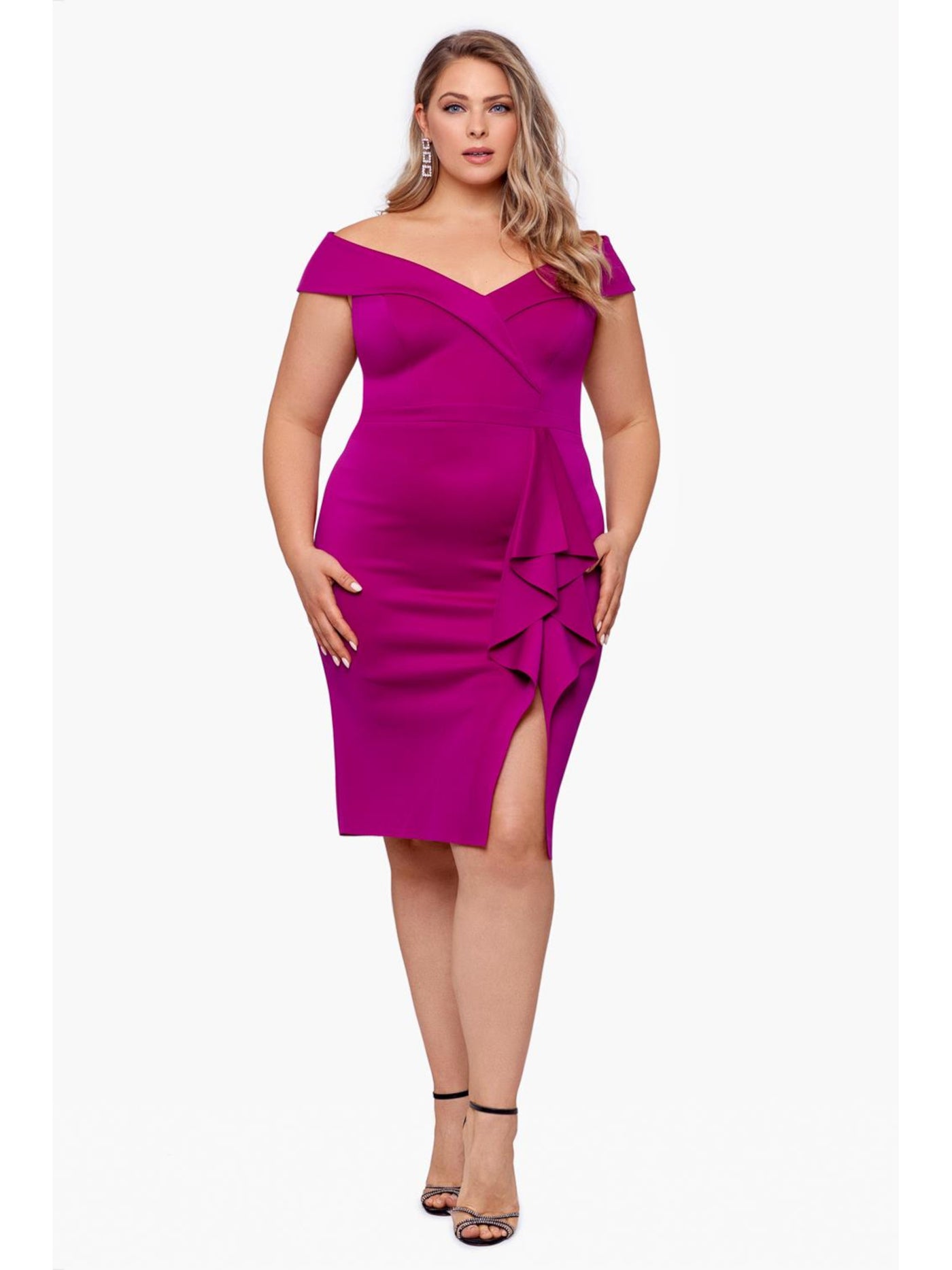 XSCAPE Womens Purple Zippered Slitted Waterfall Ruffle Lined Ruched Cap Sleeve Off Shoulder Knee Length Evening Sheath Dress Plus 14W