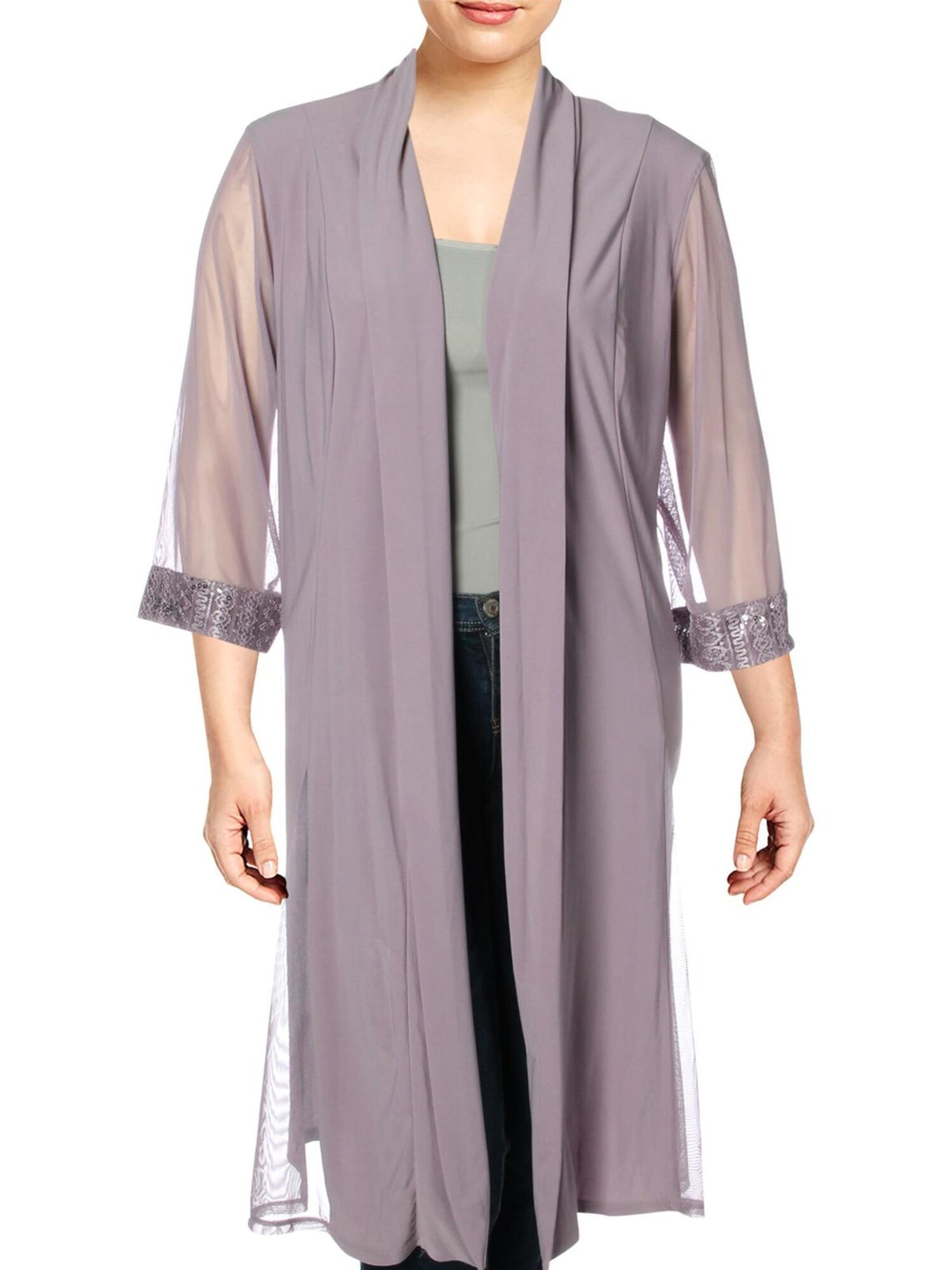 R&M RICHARDS Womens Beige Embellished Sheer Open Front 3/4 Sleeve Duster Top Plus 16W