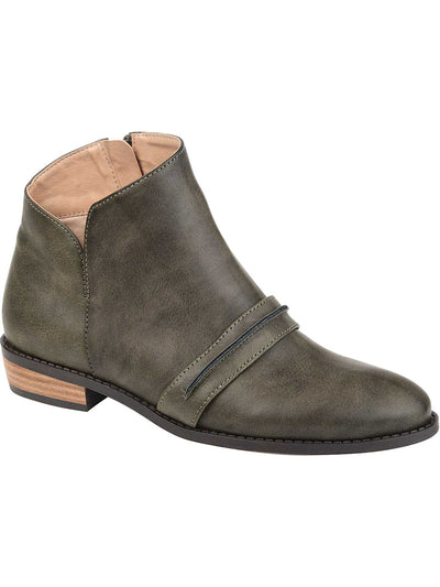 JOURNEE COLLECTION Womens Grey Green Distressed Strap Detail V-Notch Cutout Padded Harlow Almond Toe Block Heel Zip-Up Booties 9 M