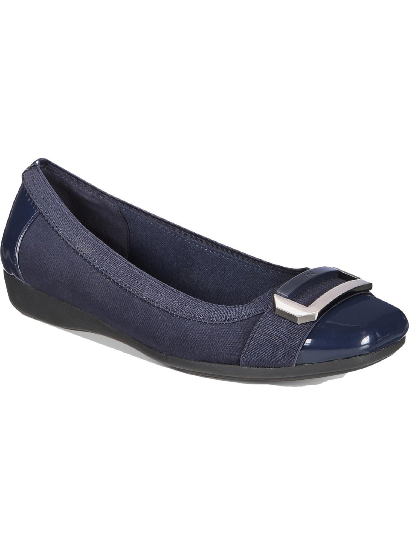 AK SPORT Womens Navy Stretch Lightweight Buckle Accent Cushioned Uplift Square Toe Wedge Slip On Flats Shoes 6 M