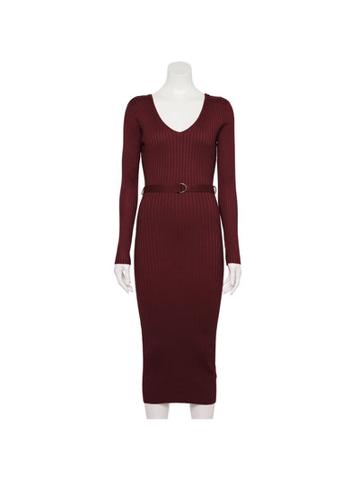 ALMOST FAMOUS Womens Burgundy Ribbed Belted V-back Long Sleeve V Neck Midi Party Body Con Dress Juniors L