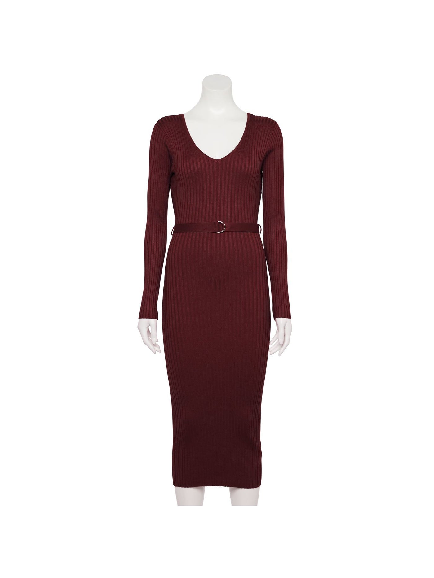 ALMOST FAMOUS Womens Burgundy Ribbed Belted V-back Long Sleeve V Neck Midi Party Body Con Dress Juniors S