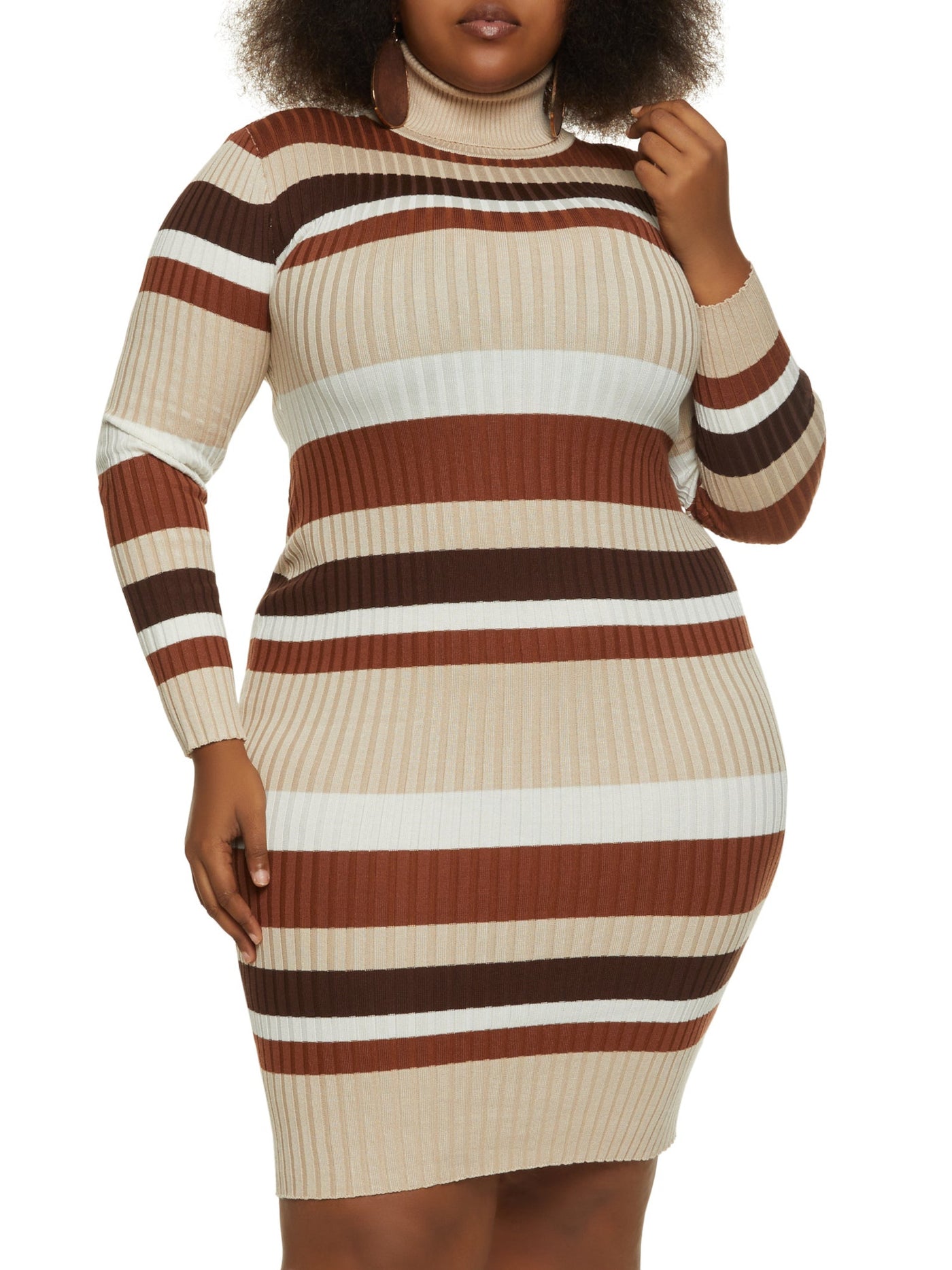 ALMOST FAMOUS Womens Beige Ribbed Pullover Striped Long Sleeve Mock Neck Above The Knee Body Con Dress Juniors S