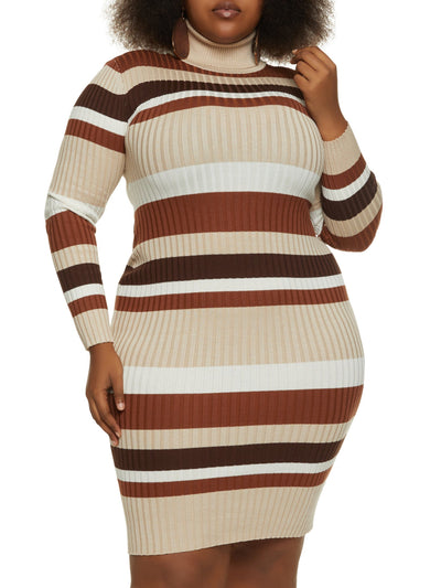 ALMOST FAMOUS Womens Beige Ribbed Pullover Striped Long Sleeve Mock Neck Above The Knee Body Con Dress S