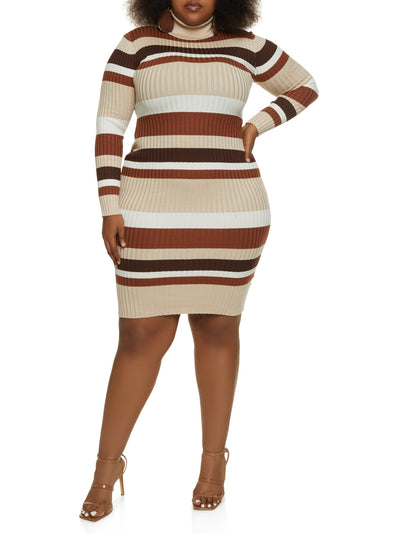 ALMOST FAMOUS Womens Beige Ribbed Pullover Striped Long Sleeve Mock Neck Above The Knee Body Con Dress Juniors S