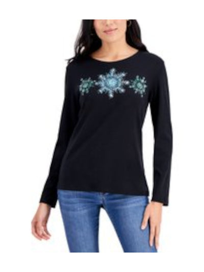 KAREN SCOTT Womens Stretch Embellished Long Sleeve Round Neck Holiday Top