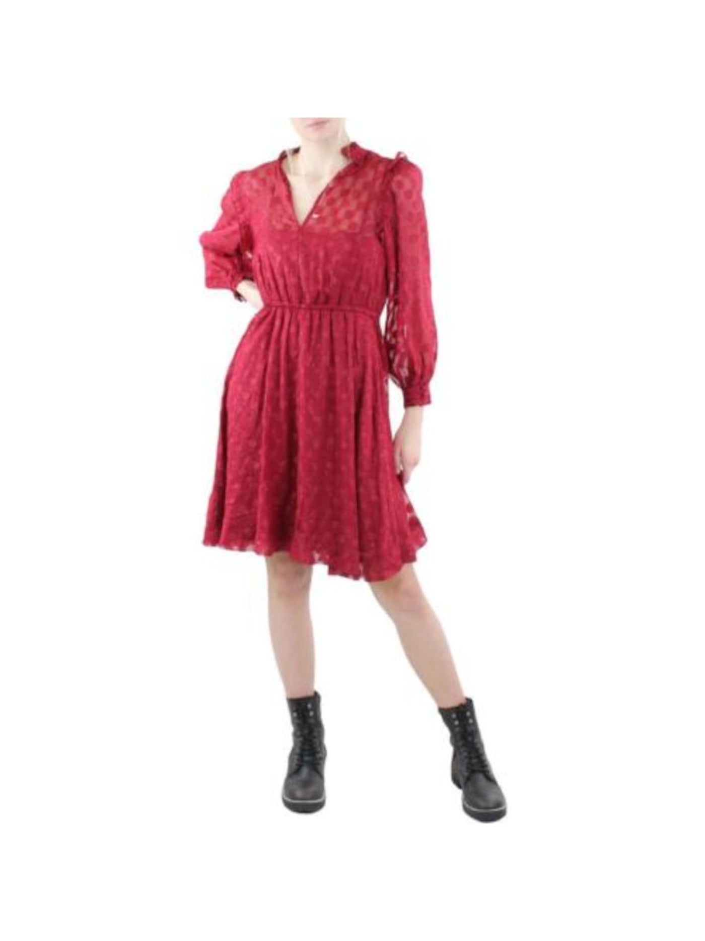 CALVIN KLEIN Womens Red Textured Ruffled Keyhole Sheer Tie Elastic Waist Floral Long Sleeve V Neck Above The Knee Fit + Flare Dress 8