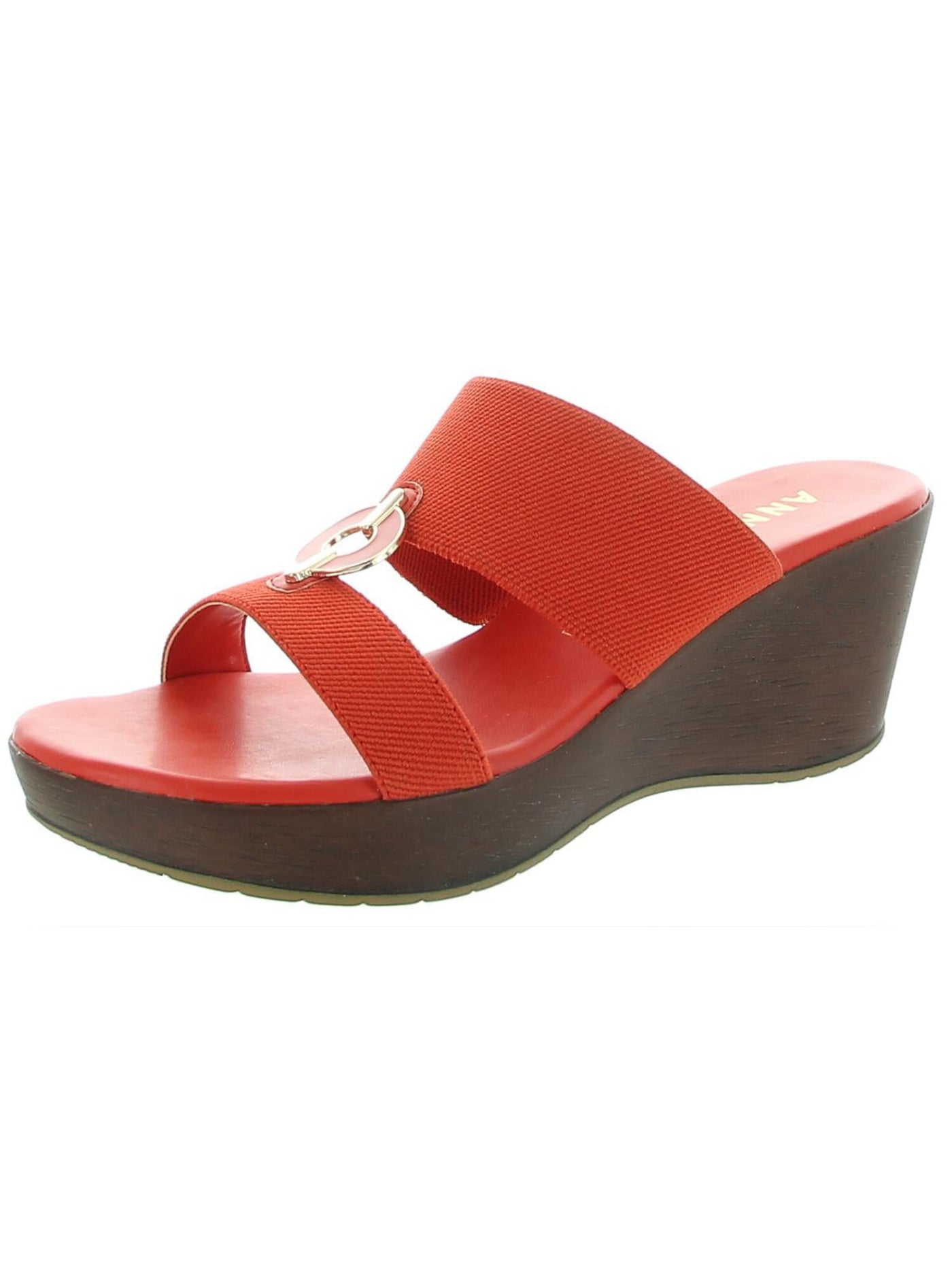ANNE KLEIN Womens Coral Ribbed 1" Platform Embellished Metallic O-Ring Padded Stretch Hadya Round Toe Wedge Slip On Slide Sandals Shoes 11