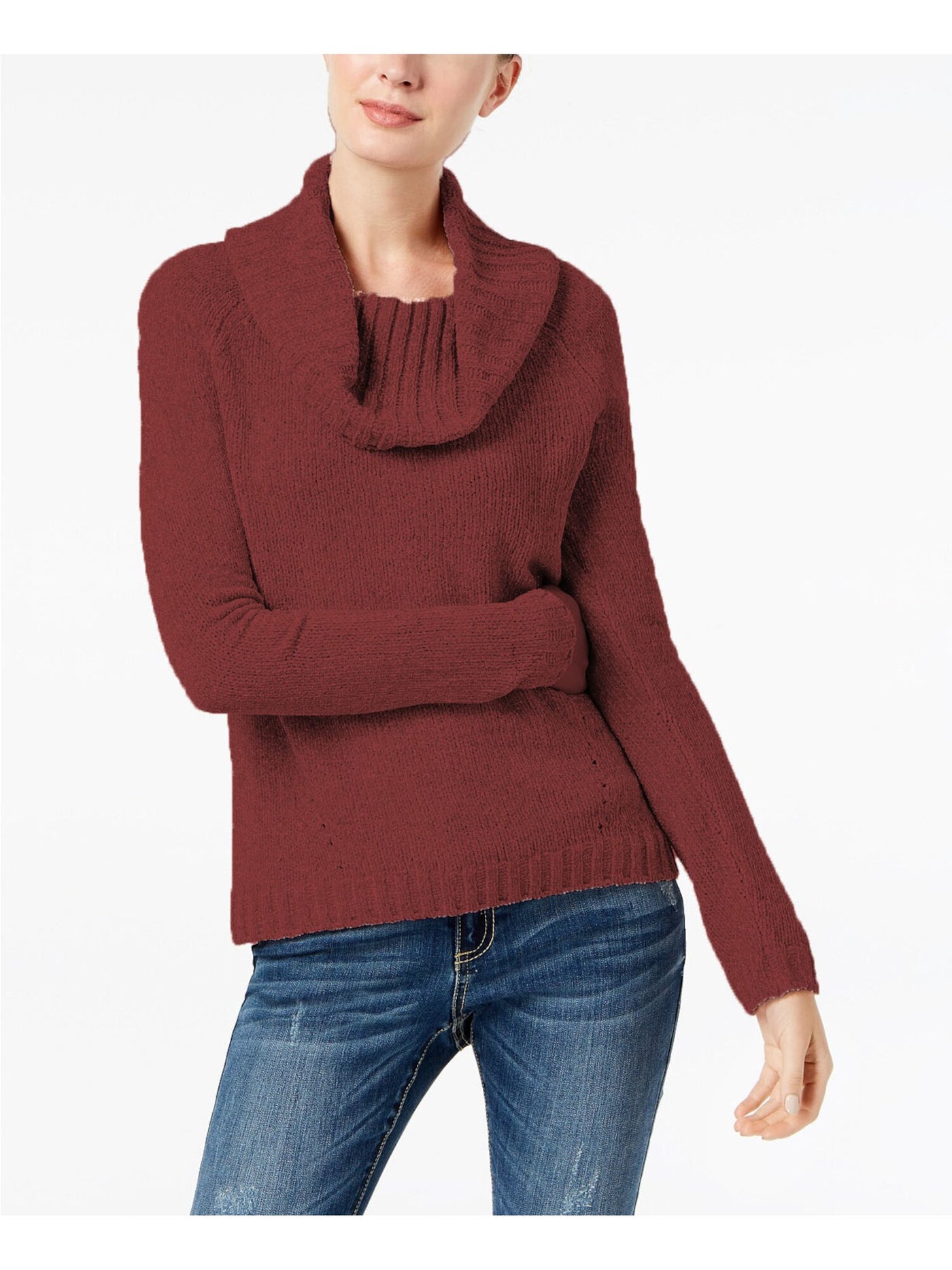 INC Womens Maroon Metallic Chenille Pullover Long Sleeve Cowl Neck Sweater XS