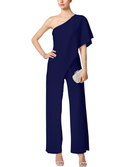 ADRIANNA PAPELL Womens Navy Ruffled One Shoulder Kimono Sleeve Asymmetrical Neckline Party Wide Leg Jumpsuit 16