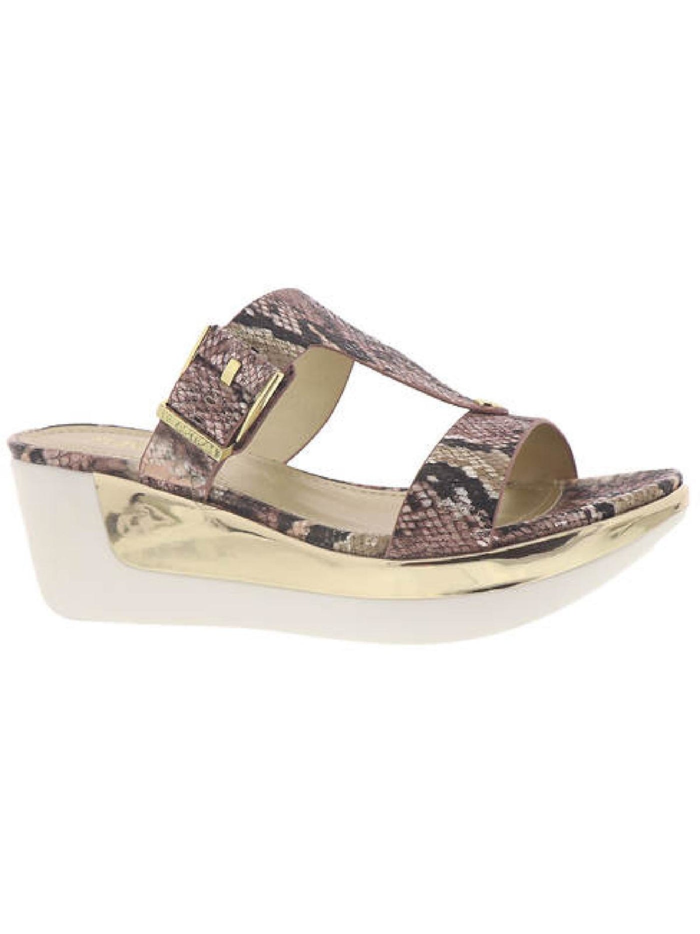 REACTION KENNETH COLE Womens Beige Snake Print Buckle Accent T-Strap Comfort Pepea Buckle Round Toe Wedge Slip On Sandals 9 M