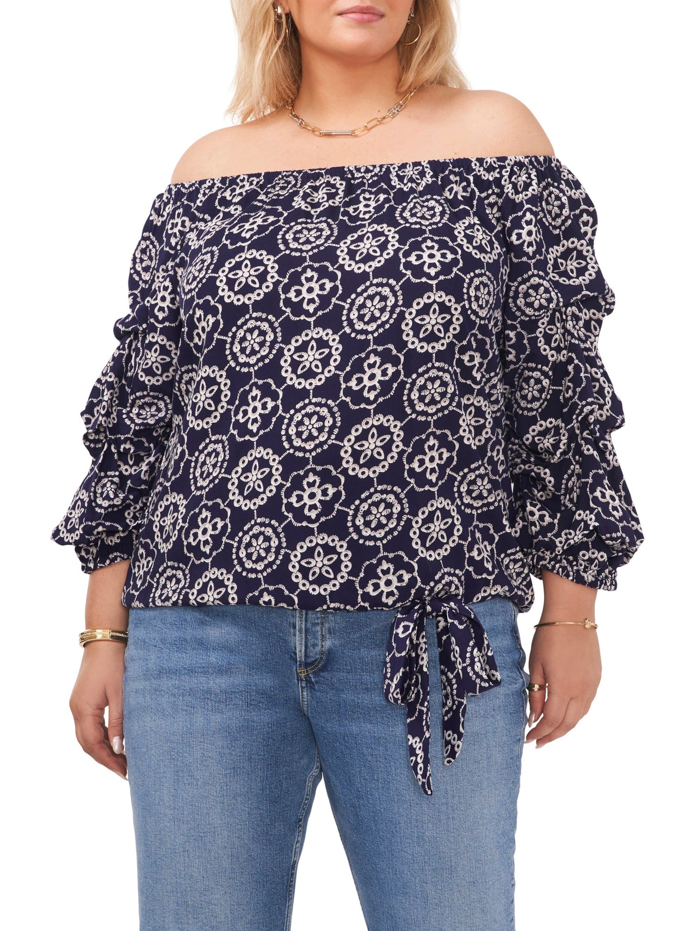 VINCE CAMUTO Womens Navy Tie Ruched 3/4 Bubble Sleeves Printed Off Shoulder Top XL