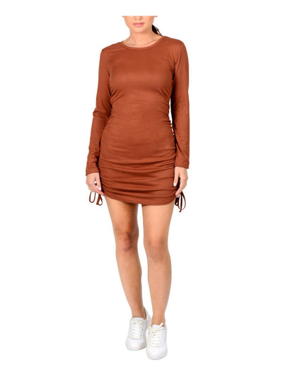 HIPPIE ROSE Womens Brown Stretch Ribbed Drawstring Ruching At Sides Long Sleeve Scoop Neck Short Party Body Con Dress Juniors XS