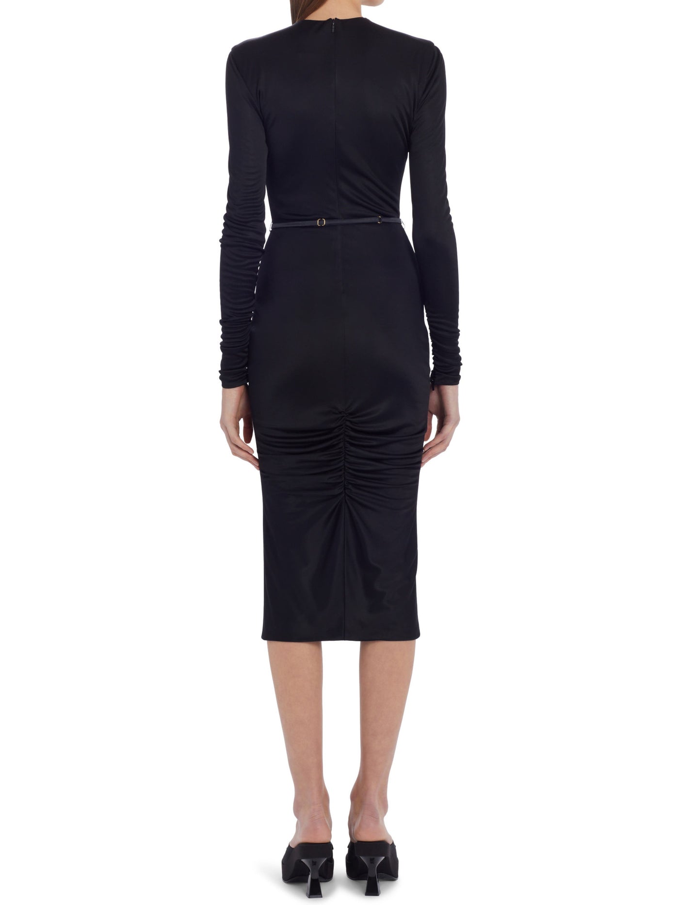 VERSACE Womens Black Zippered Belted Ruched Lined Long Sleeve Keyhole Below The Knee Evening Sheath Dress 36