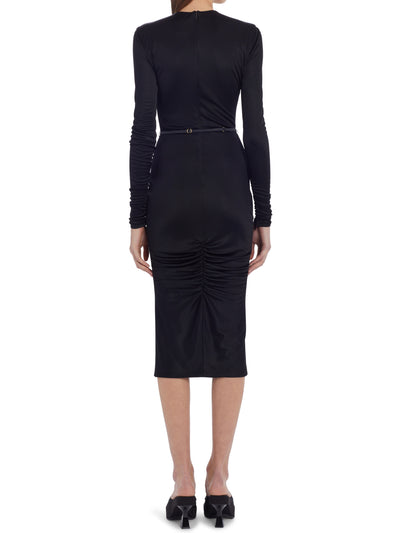 VERSACE Womens Black Zippered Belted Ruched Lined Long Sleeve Keyhole Below The Knee Evening Sheath Dress 42