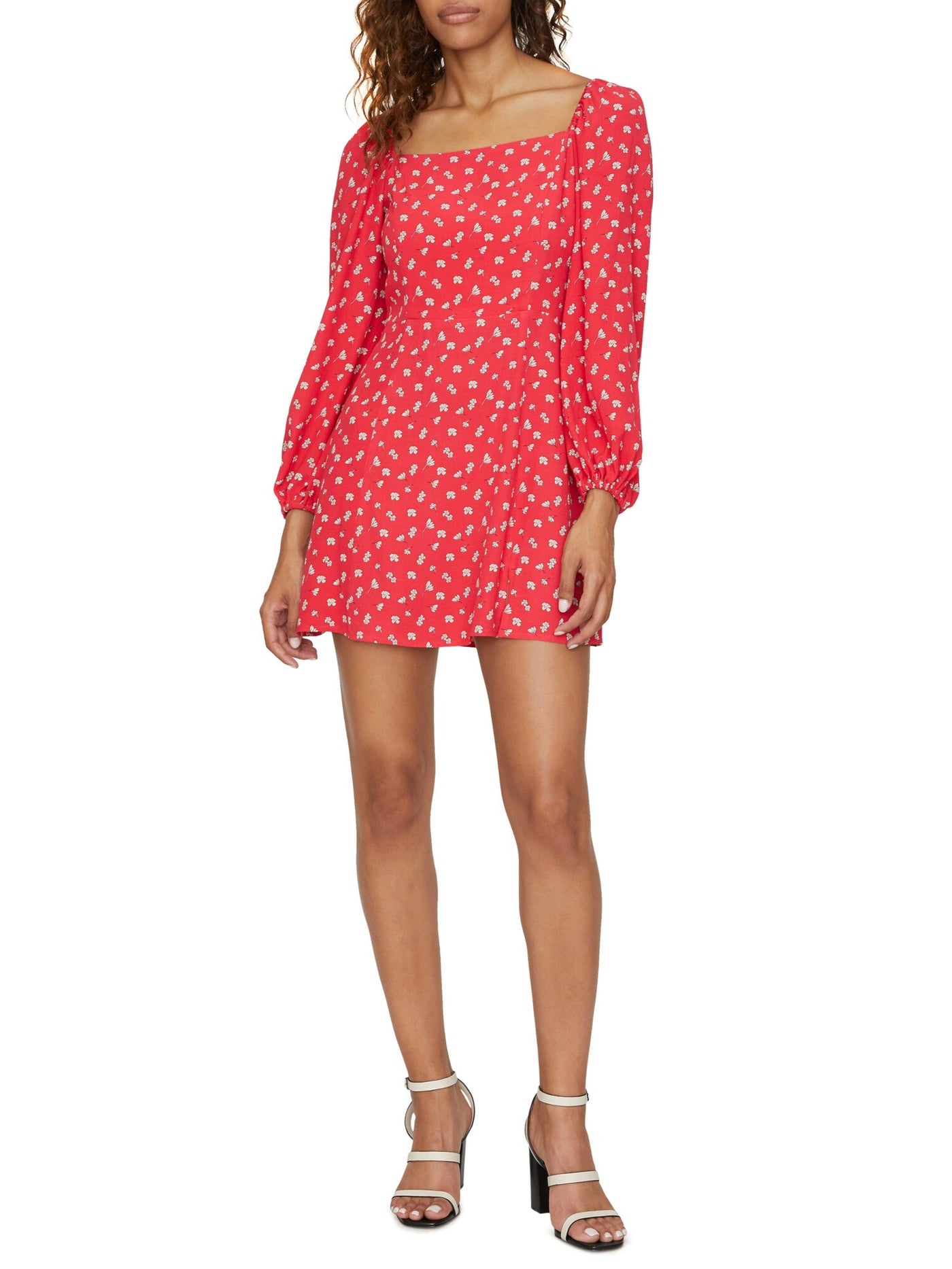SANCTUARY Womens Red Floral Long Sleeve Square Neck Short Fit + Flare Dress 14
