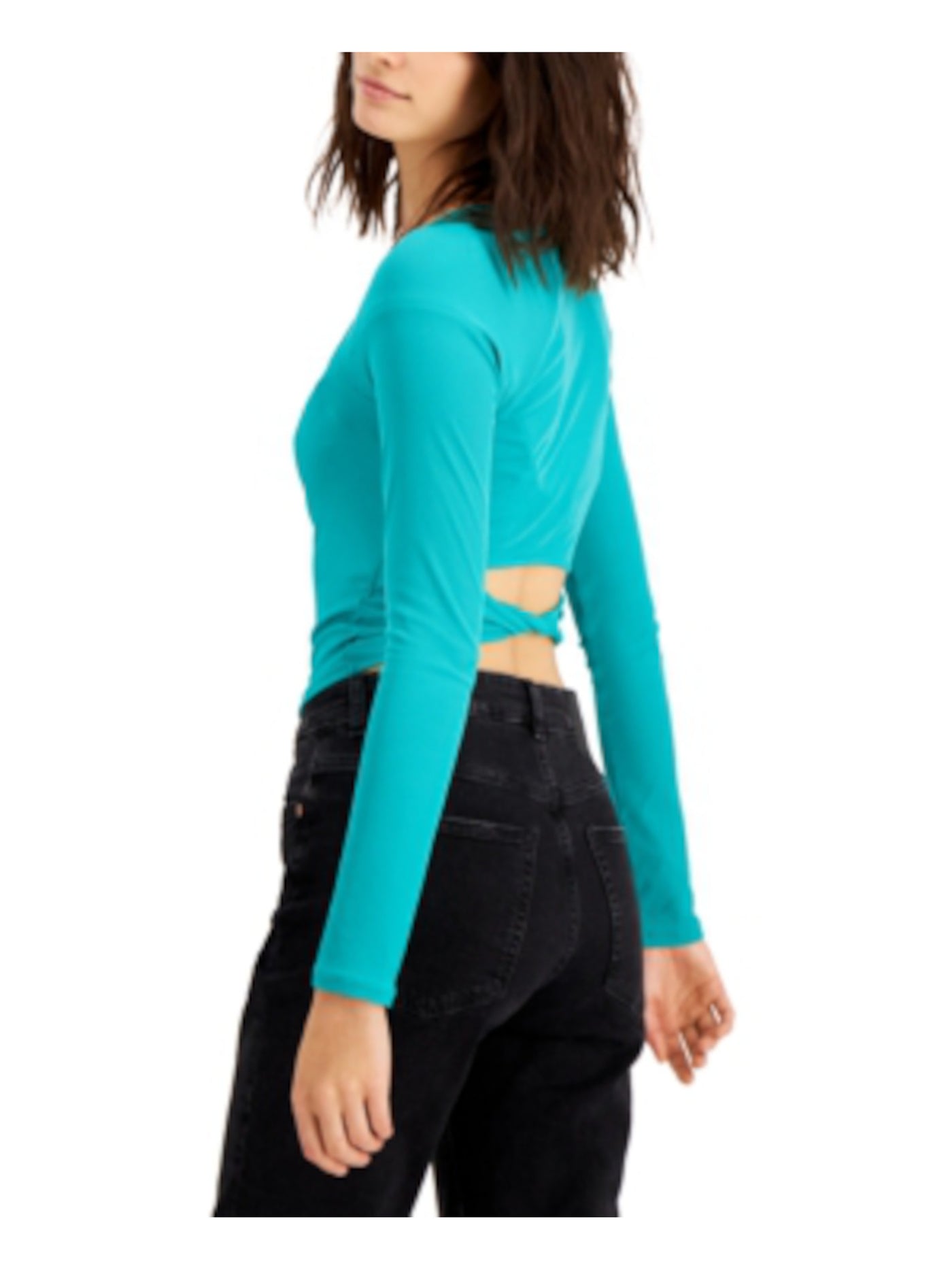 BAR III Womens Teal Ribbed Cut Out Unlined Twist Back Long Sleeve Square Neck Crop Top M