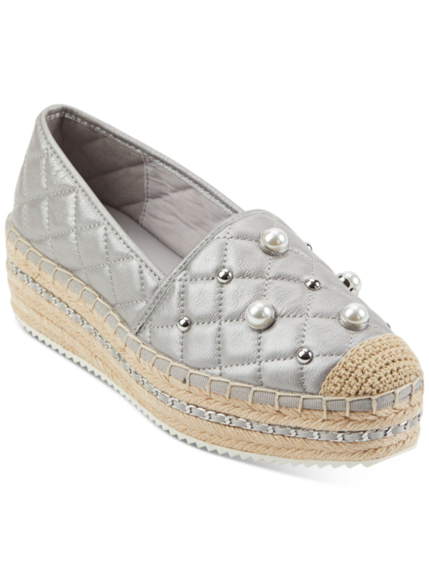 KARL LAGERFELD Womens Gray 1-1/2" Platform Quilted Embellished Diya Round Toe Wedge Slip On Leather Espadrille Shoes 10 M