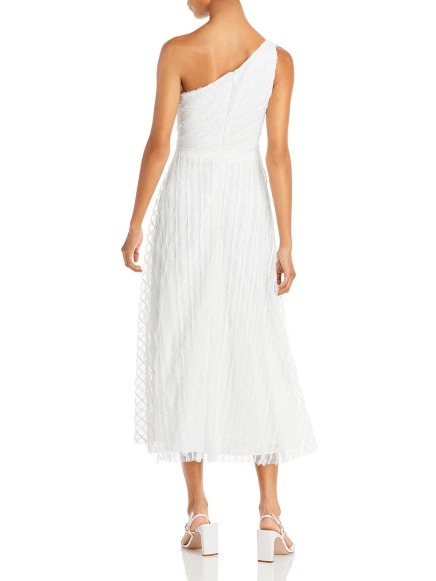 AQUA FORMAL Womens White Zippered Textured Mesh Overlay Lined Sleeveless Asymmetrical Neckline Midi Evening Fit + Flare Dress 6