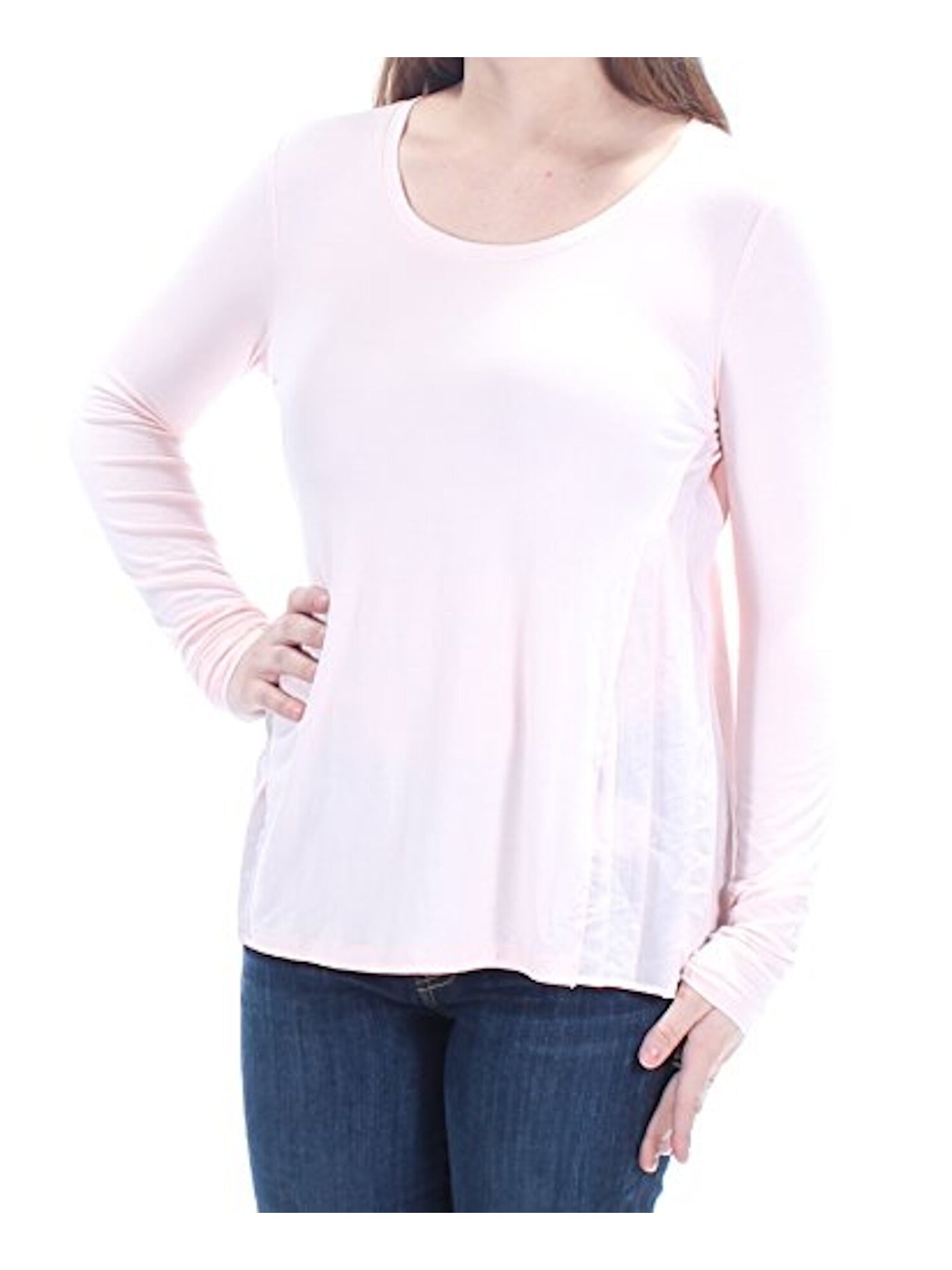 MAISON JULES Womens Pink Mesh Long Sleeve Jewel Neck Casual Top Regular Size: XS