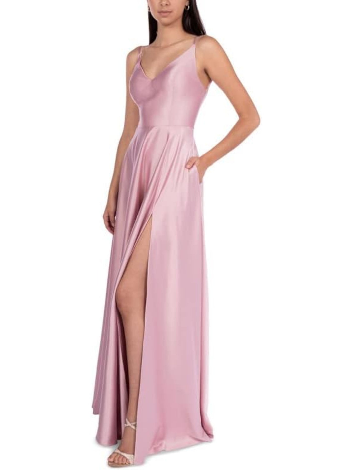 B DARLIN Womens Pink Satin Pocketed Zippered Open Back Thigh-high Slit Lined Sleeveless V Neck Full-Length Formal Fit + Flare Dress Juniors 7\8