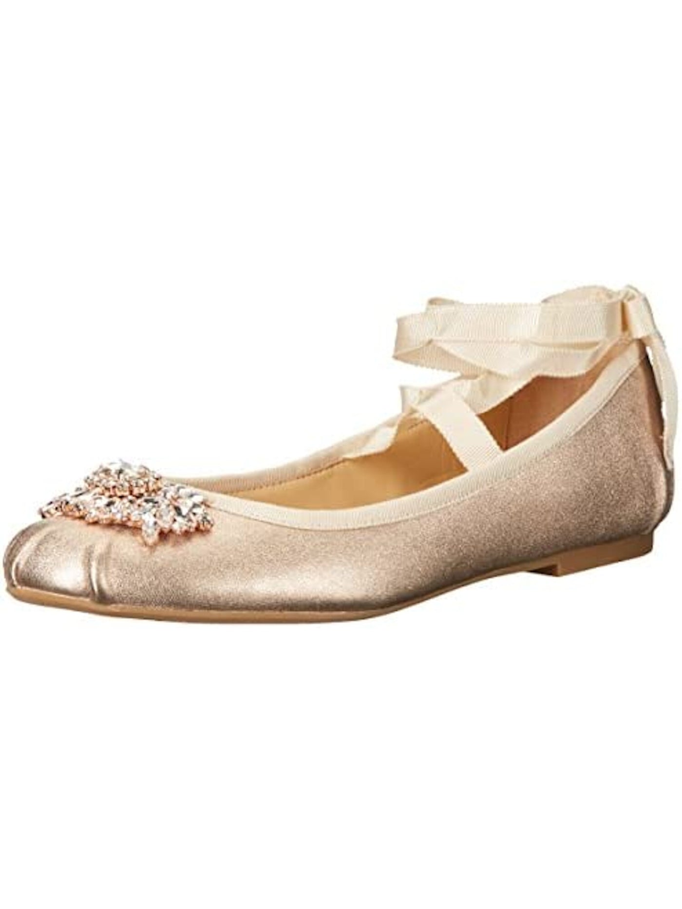 BADGLEY MISCHKA Womens Beige Rhinestone Cushioned Karter Round Toe Block Heel Lace-Up Leather Ballet Flats 6.5