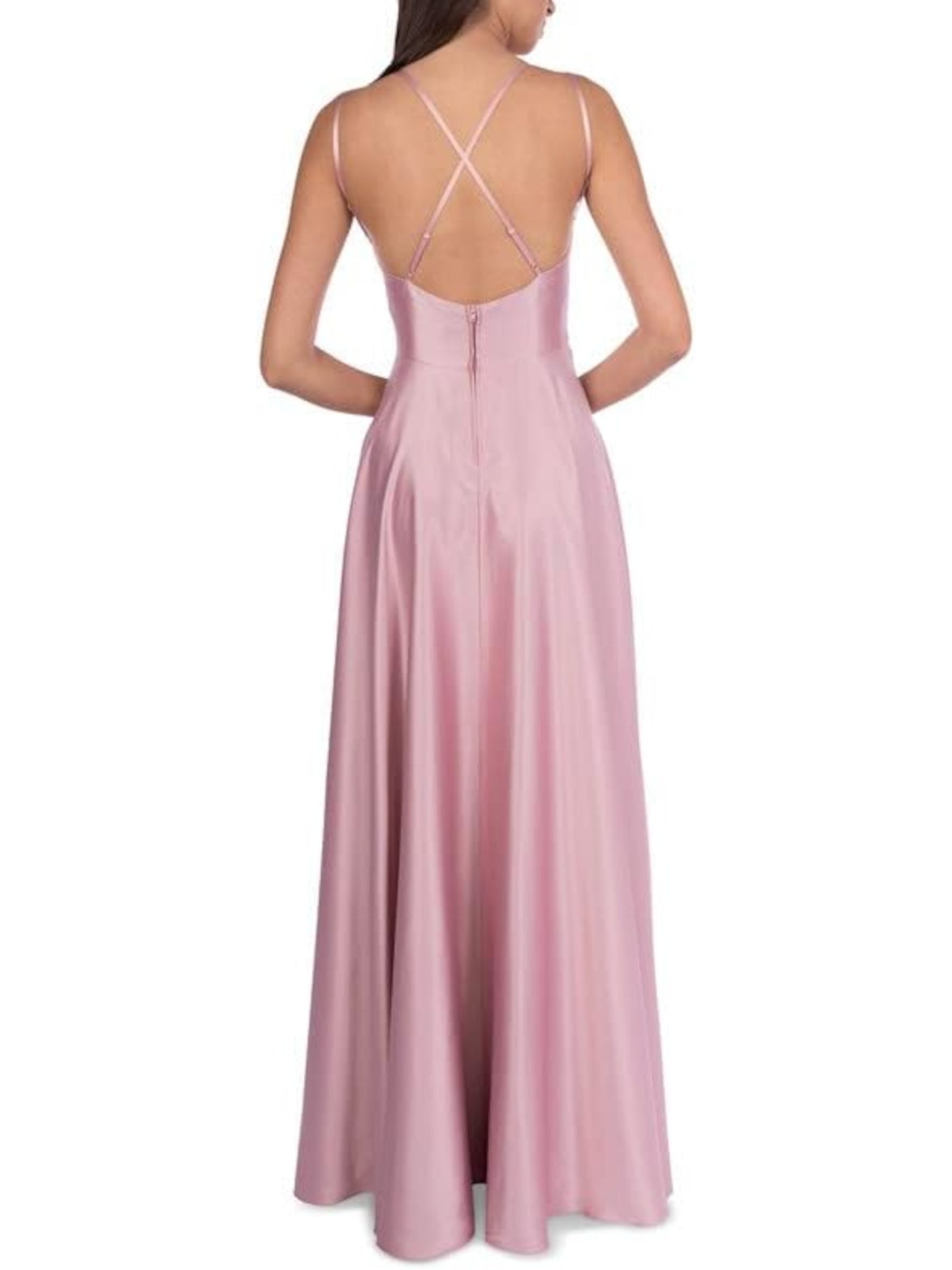 B DARLIN Womens Pink Satin Pocketed Zippered Open Back Thigh-high Slit Lined Sleeveless V Neck Full-Length Formal Fit + Flare Dress Juniors 7\8