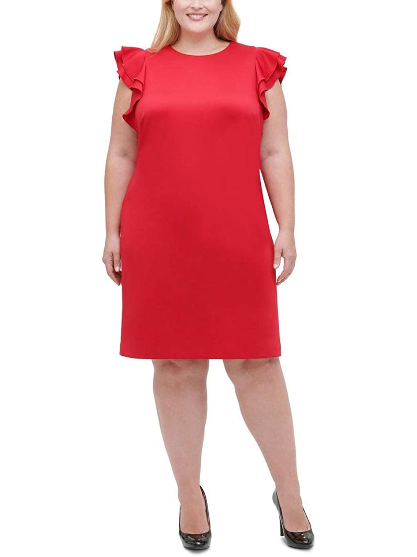 TOMMY HILFIGER Womens Red Ruffled Zippered Cap Sleeve Jewel Neck Knee Length Cocktail Shift Dress Plus 20W