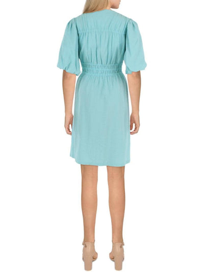 CALVIN KLEIN Womens Aqua Textured Smocked Pullover Pouf Sleeve V Neck Above The Knee Fit + Flare Dress 16