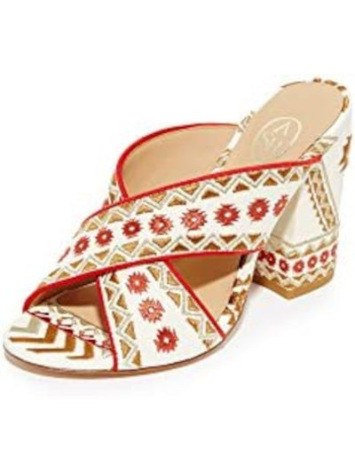 ASH Womens Red Aztec Embroidered Padded Adel Round Toe Block Heel Slip On Heeled Sandal 36
