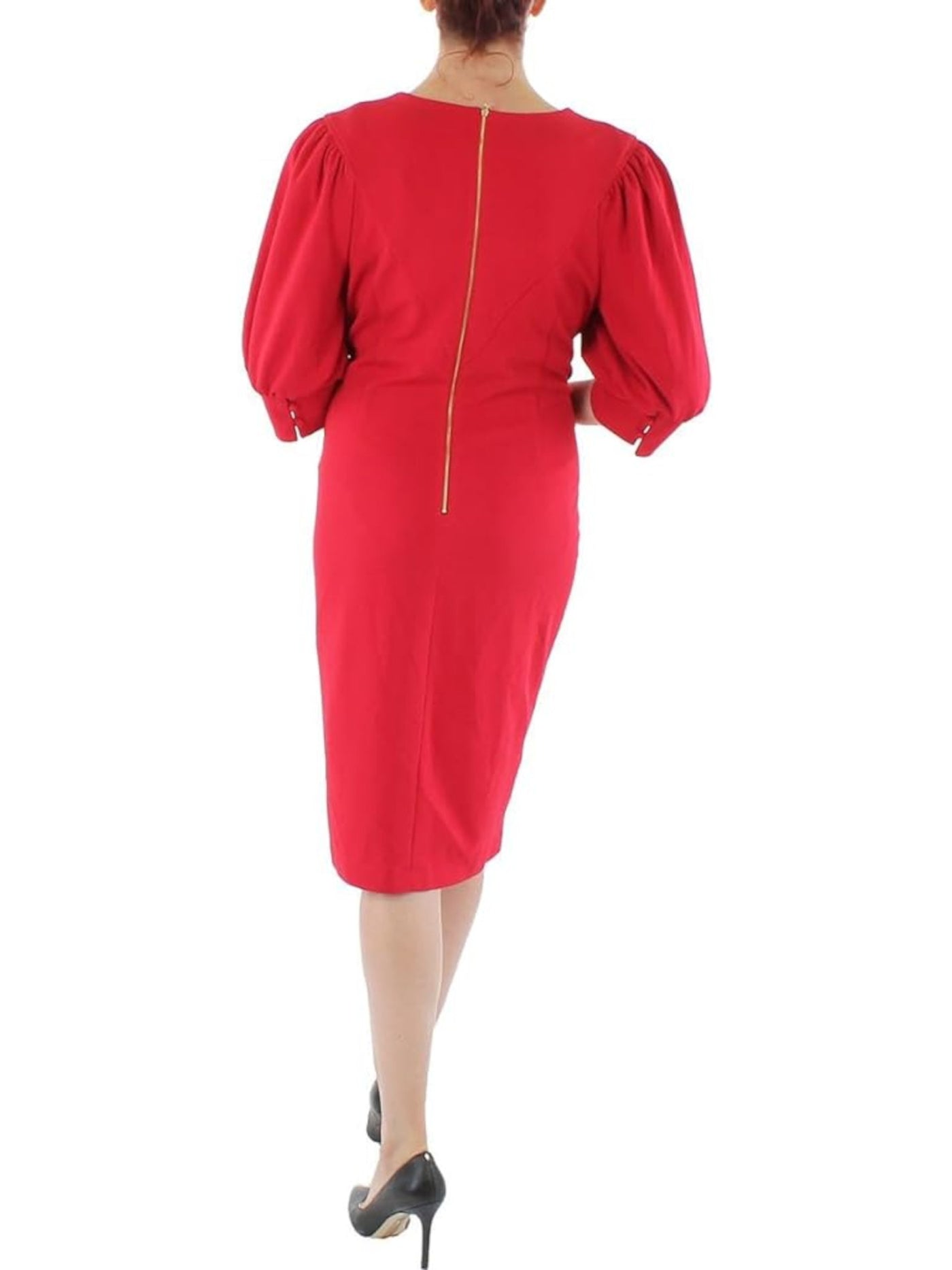 CALVIN KLEIN Womens Red Unlined Zippered Pouf Sleeve Crew Neck Below The Knee Cocktail Sheath Dress Plus 18W