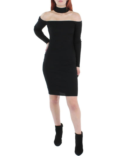 ALMOST FAMOUS Womens Black Cold Shoulder Ribbed Long Sleeve Mock Neck Knee Length Party Body Con Dress L