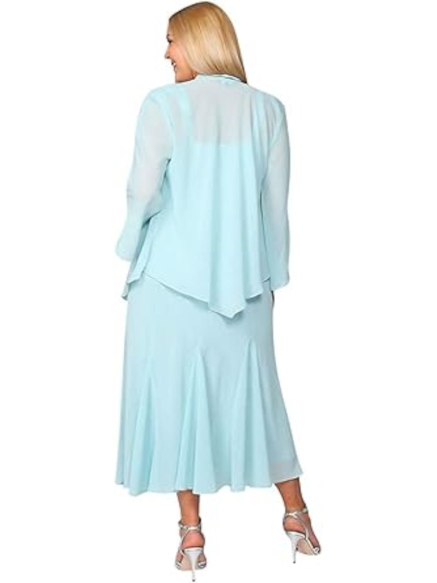 R&M RICHARDS Womens Aqua Stretch Beaded Lined Open Front 3/4 Sleeve Jacket Sleeveless V Neck Midi Party Fit + Flare Dress 8