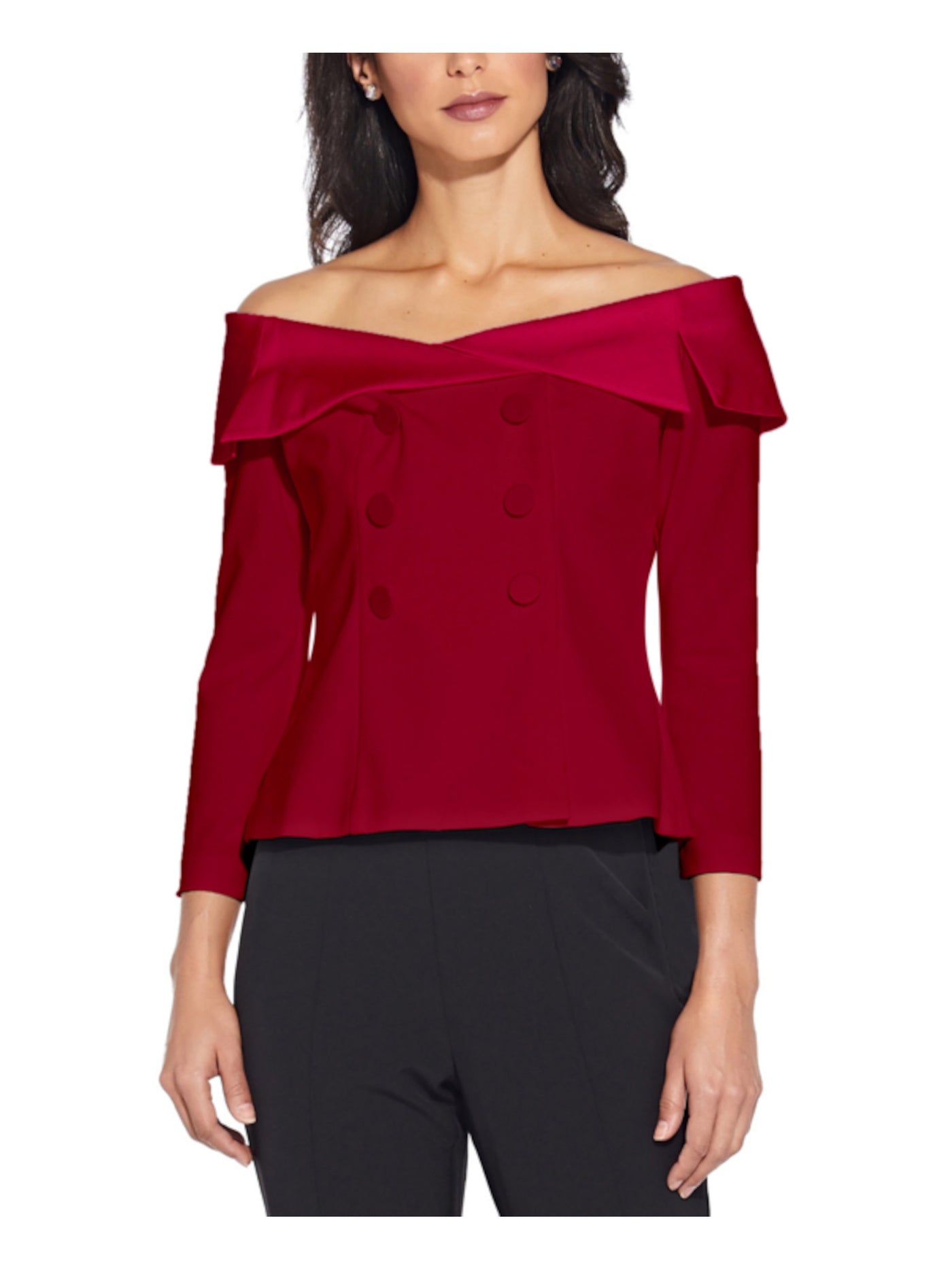 ADRIANNA PAPELL Womens Burgundy Stretch Zippered Short Length Double-breasted 3/4 Sleeve Off Shoulder Cocktail Top 10