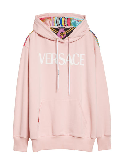VERSACE Womens Pink Pocketed Drawstring Ribbed Cuffs And Hem Logo Graphic Long Sleeve Hoodie Top 44