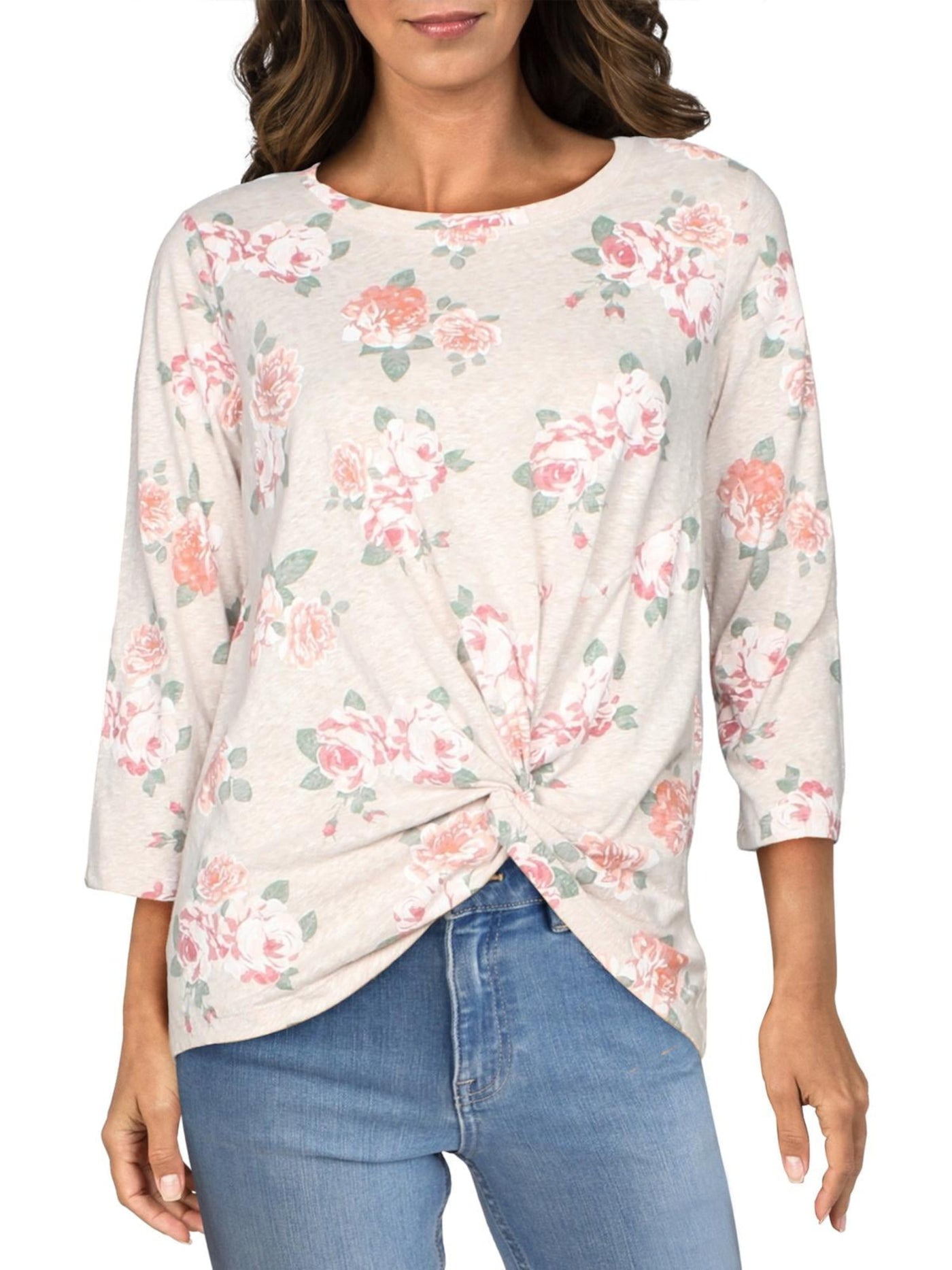 A + A COLLECTION Womens Beige Twist Front Pullover Floral Long Sleeve Round Neck Top S