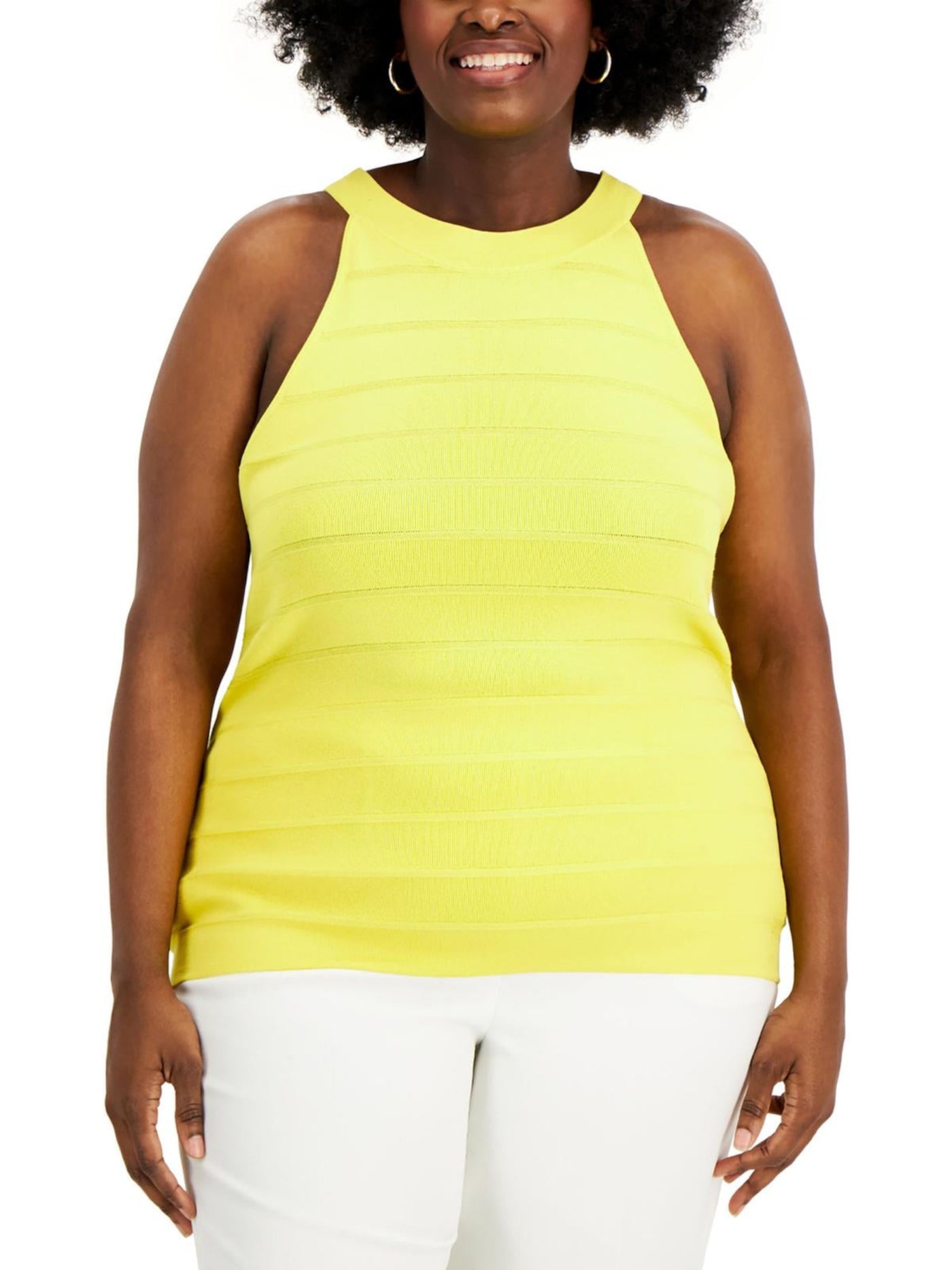 ANNE KLEIN Womens Yellow Textured Unlined Sleeveless Halter Tank Sweater Plus 3X