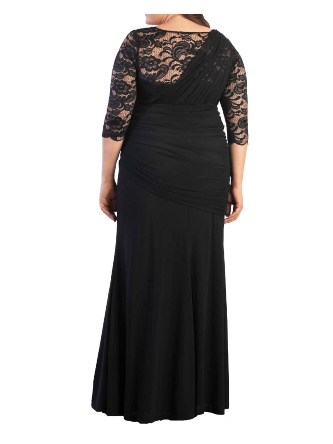 KIYONNA Womens Black Ruched Lace Sheer Lined Pullover 3/4 Sleeve V Neck Full-Length Evening Gown Dress Plus 2X