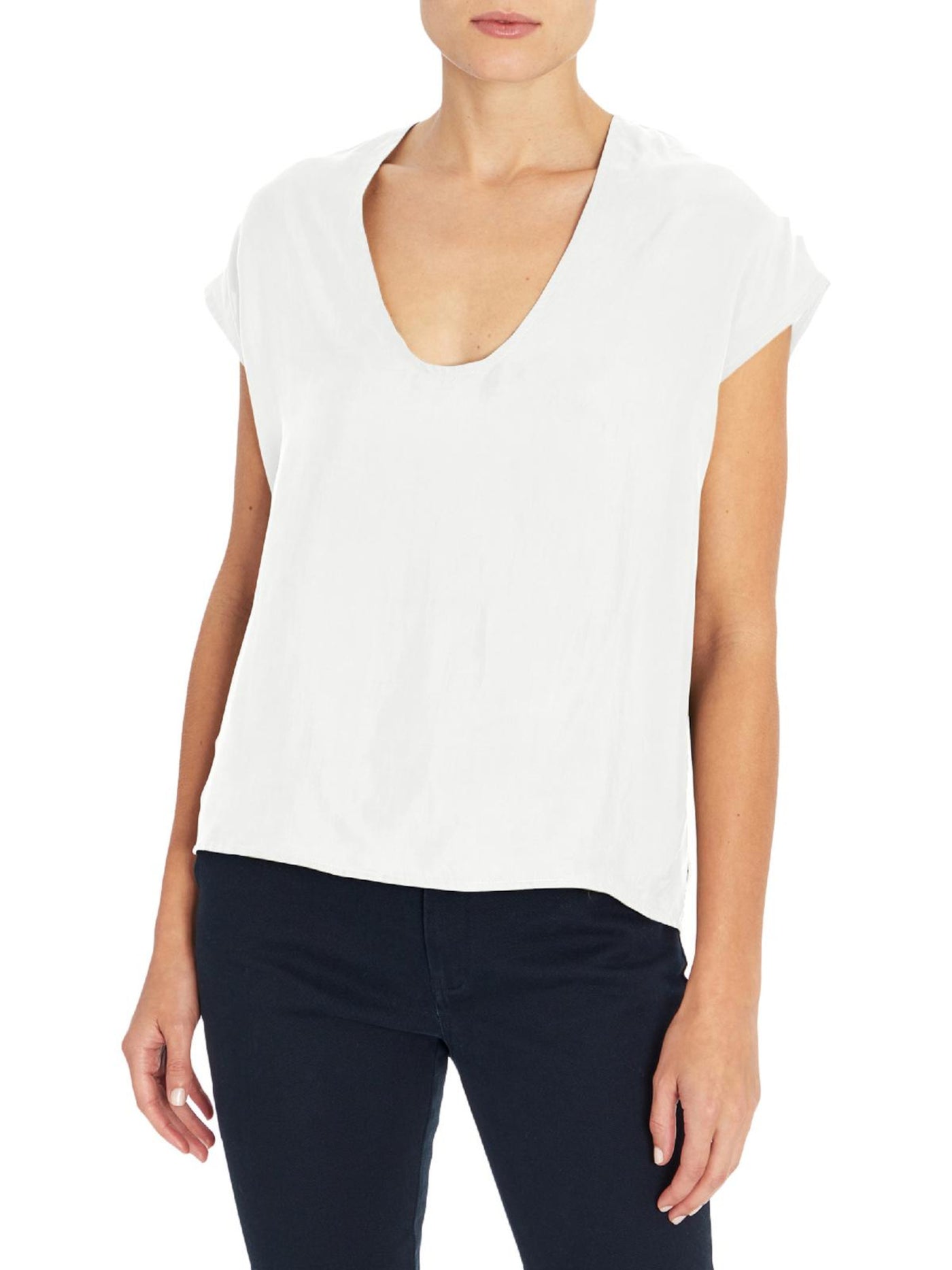 THREE DOTS Womens Ivory Cap Sleeve V Neck Top M