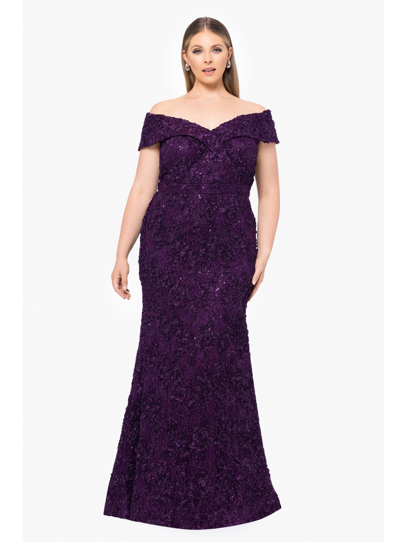 XSCAPE Womens Purple Zippered Embellished Lace Lined Textured Short Sleeve Off Shoulder Full-Length Formal Gown Dress 8